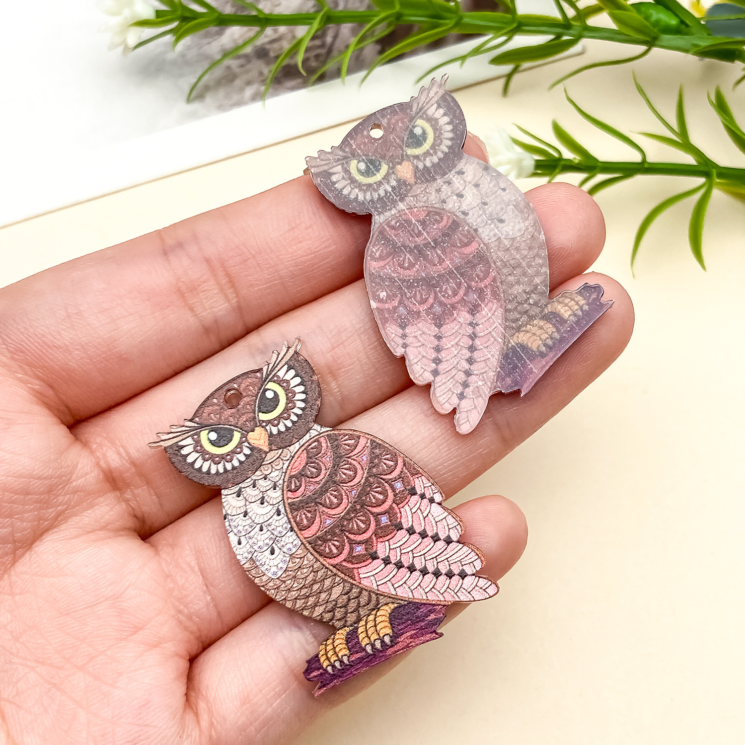 23950-QX-咖色亚克力双面动物印花猫头鹰38x24x2