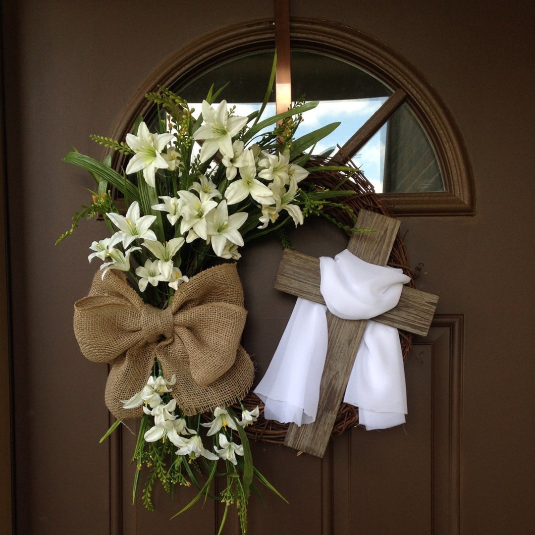 Cruzar la frontera corona de Pascua con la cruz de Pascua conejo guirnalda puerta colgante decoración