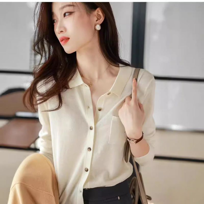 Spring and Autumn Fine-Spun Polo Collar Wool Knit Cardigan for Women 2025 Loose Fit Turn-Down Collar Inner Shirt Thin Base Layer Shirt