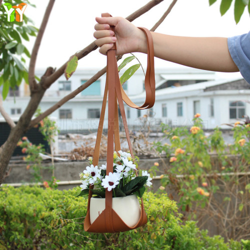 Aerial hanging plant tray Indoor potted plant hanging basket flower stand hammock Leather hanging flower pot storage rope