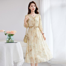 【原创高端轻奢】真丝乔其印花连衣裙V领显瘦桑蚕丝连衣裙女1083