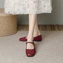 2024新年真皮婚鞋平底红色单鞋女法式玛丽珍女鞋配裙子本命年鞋子