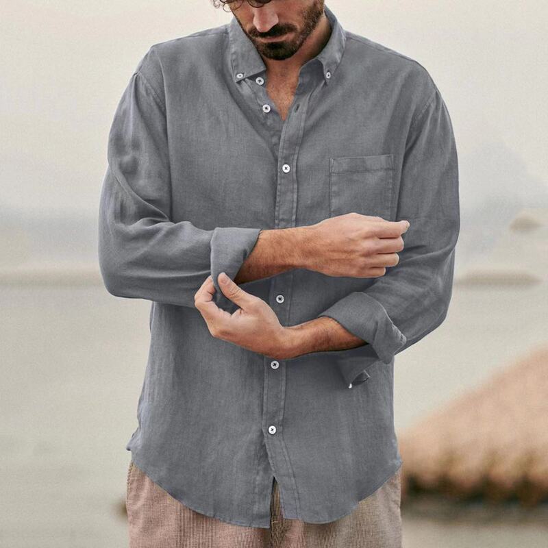 2023 Amazon Ebay Aliexpress Pure Color Casual Lapel Cardigan Cotton and Linen Loose Casual Retro Men's Shirt