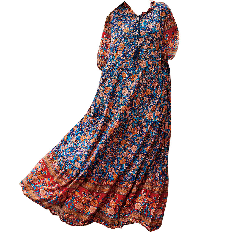 Grenzüberschreitendes, authentisches Plus-Size-Kleid aus dem Nahen Osten (Dubai), gefertigt aus Baumwolle und Seide mit Blumenmuster, locker geschnitten, kurzärmelig, für den Außenhandel_voghion.com