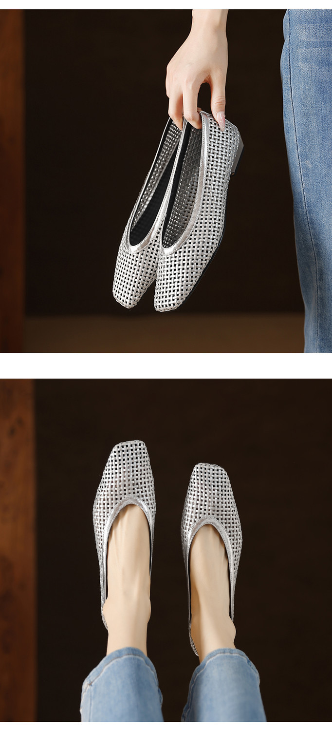Sandal nữ mũi nhọn gót thấp lưới thoáng khí mũi khoét 2025 — Màu trắng nhạt, bạc chi tiết 6