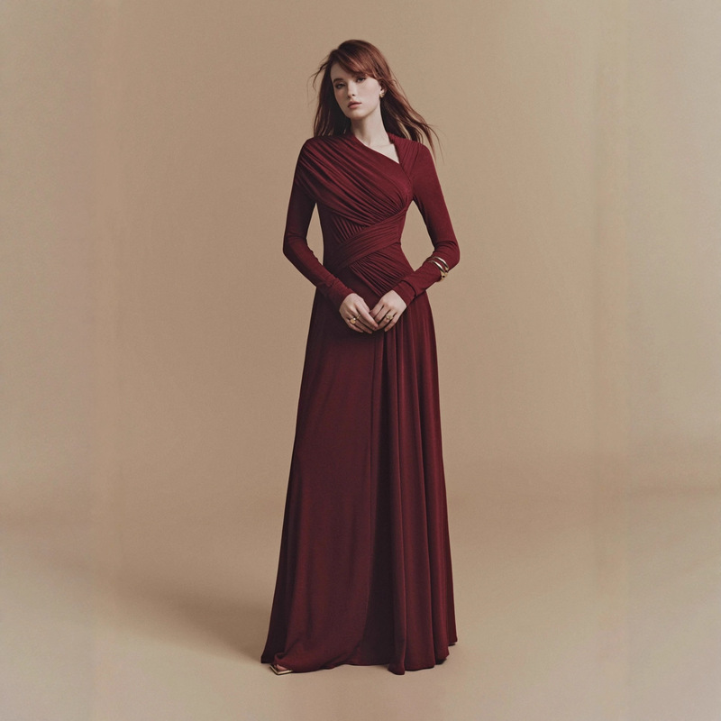 In-Stock Unique Design Pleated Asymmetrical Long-Sleeve Maxi Dress 2025 Early Autumn Floor-Length High-End Formal Dress