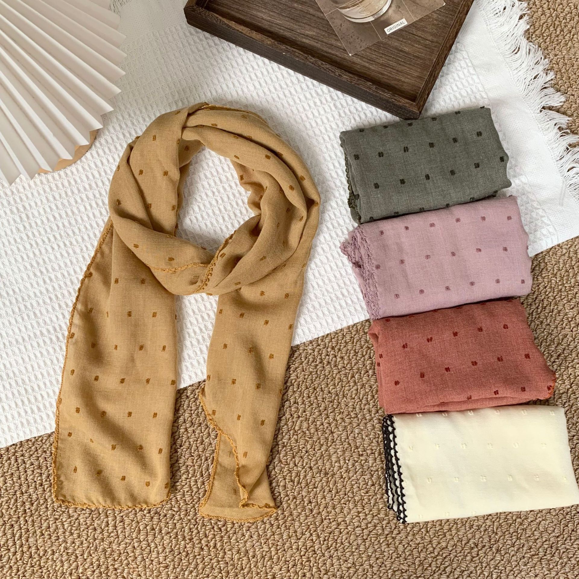 Pañuelo de seda de lino de algodón con lunares pequeños para mujer, versión coreana de la nueva moda, bufanda de seda de todo fósforo, bufanda pequeña, bolsa de atar multifuncional, bufanda de seda, cinturón para el cabello