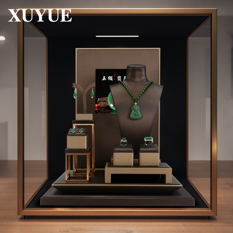 旭跃玉器饰品展示架棕色拉丝橱窗翡翠手镯手串戒指陈列展示托盘