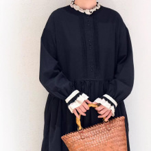 2025秋装新品 日系森女系复古纯色小立领木耳边长袖连衣裙女装