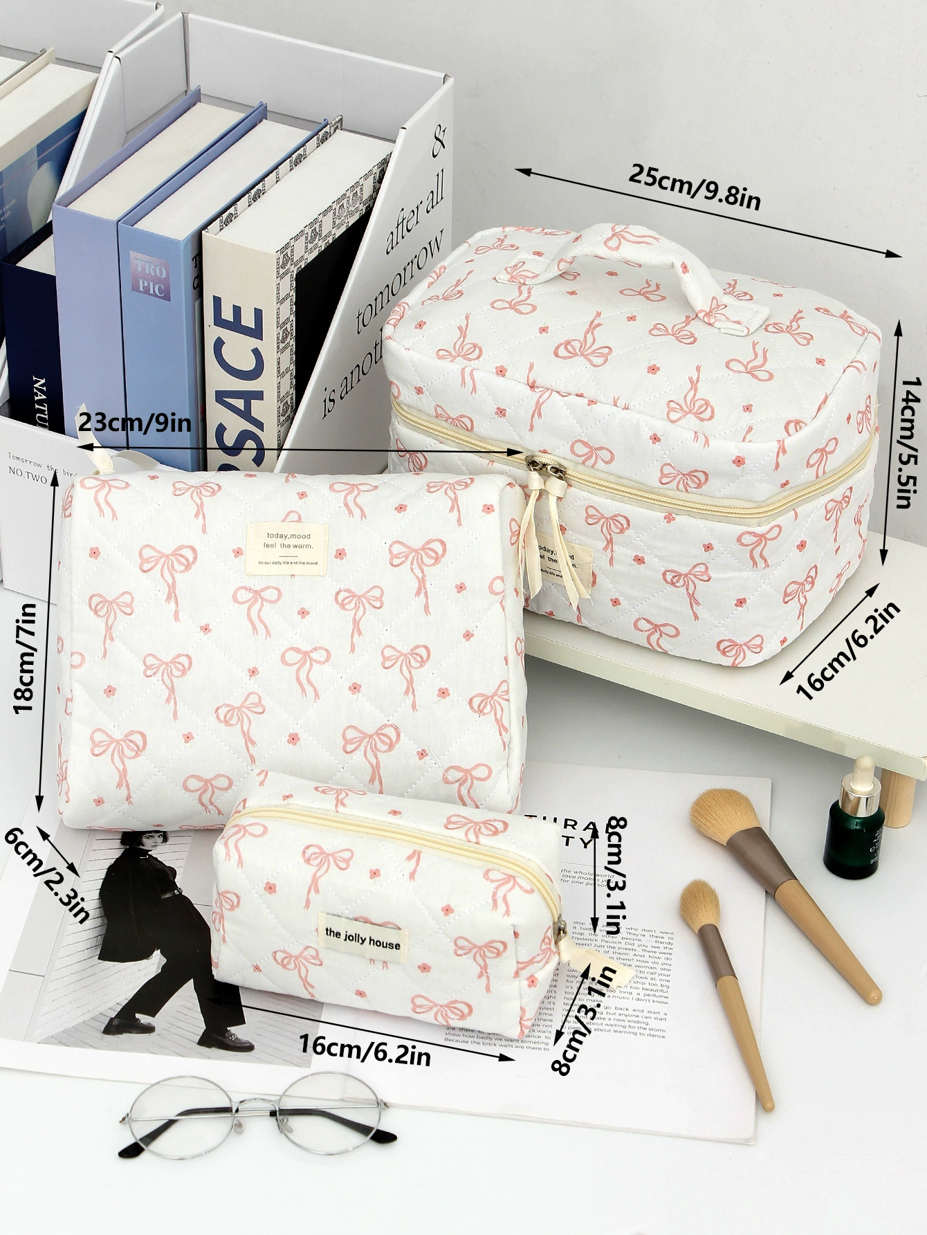 Handheld Cosmetic Bag, Korean Style, Bow Accent, Quilted Organizer, Multiple Sizes