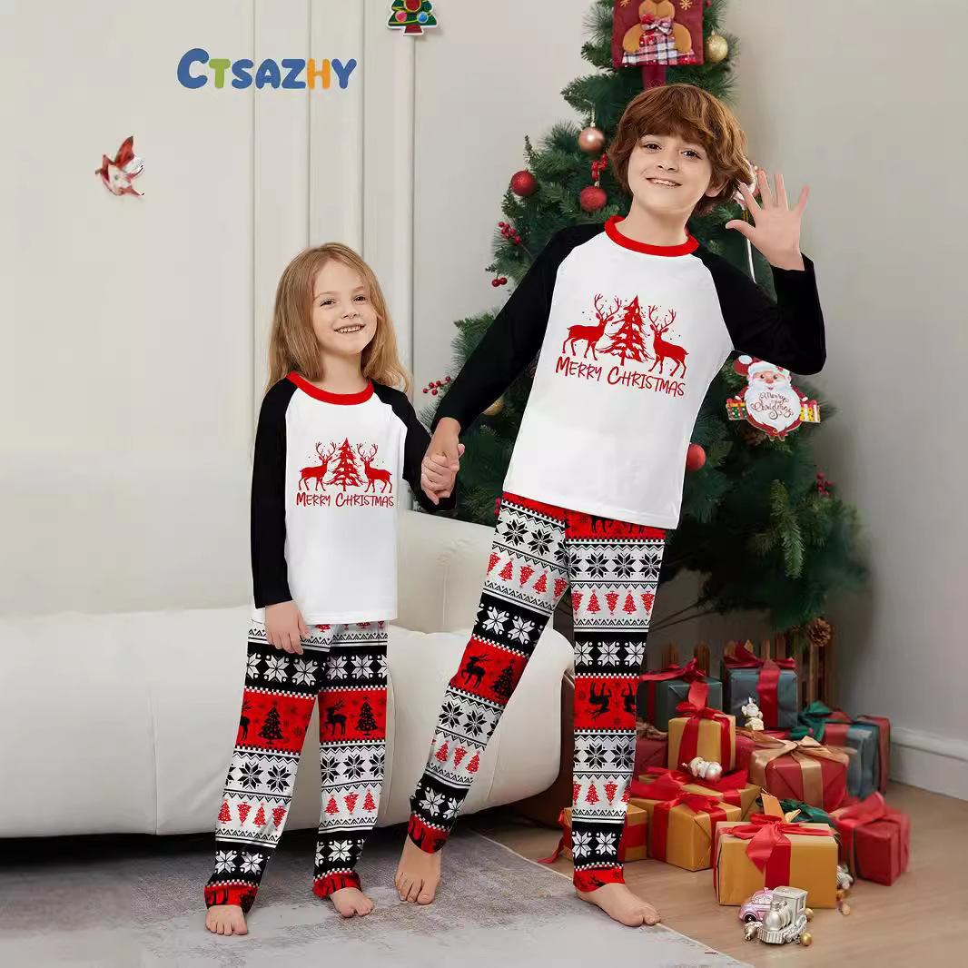 Robe de famille de Noël imprimée, pyjama, robe de maison, lettres de flocon de neige, Père Noël, cerf_voghion.com