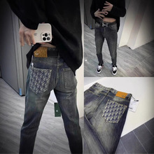 春夏款网红黑色高端欧美潮牌牛仔裤男修身小脚弹力休闲潮流长裤