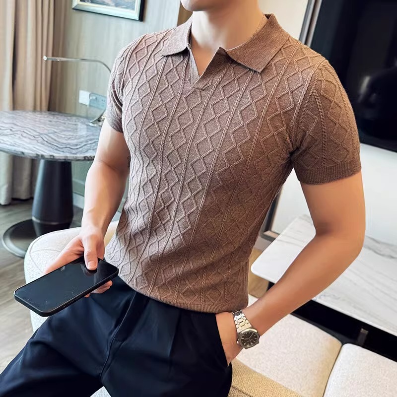 Verano nuevo estilo suéter de manga corta camisa POLO con textura para hombre solapa de negocios con cuello en V camiseta delgada comercio exterior al por mayor transfronterizo