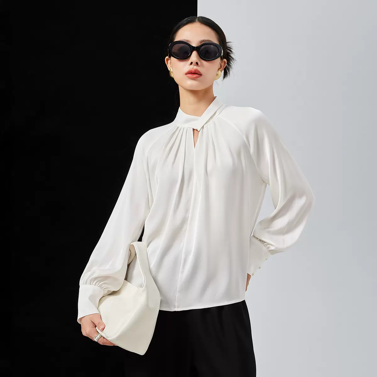 法式真丝衬衫女秋季新款设计感灯笼袖气质桑蚕丝衬衣女上衣长袖