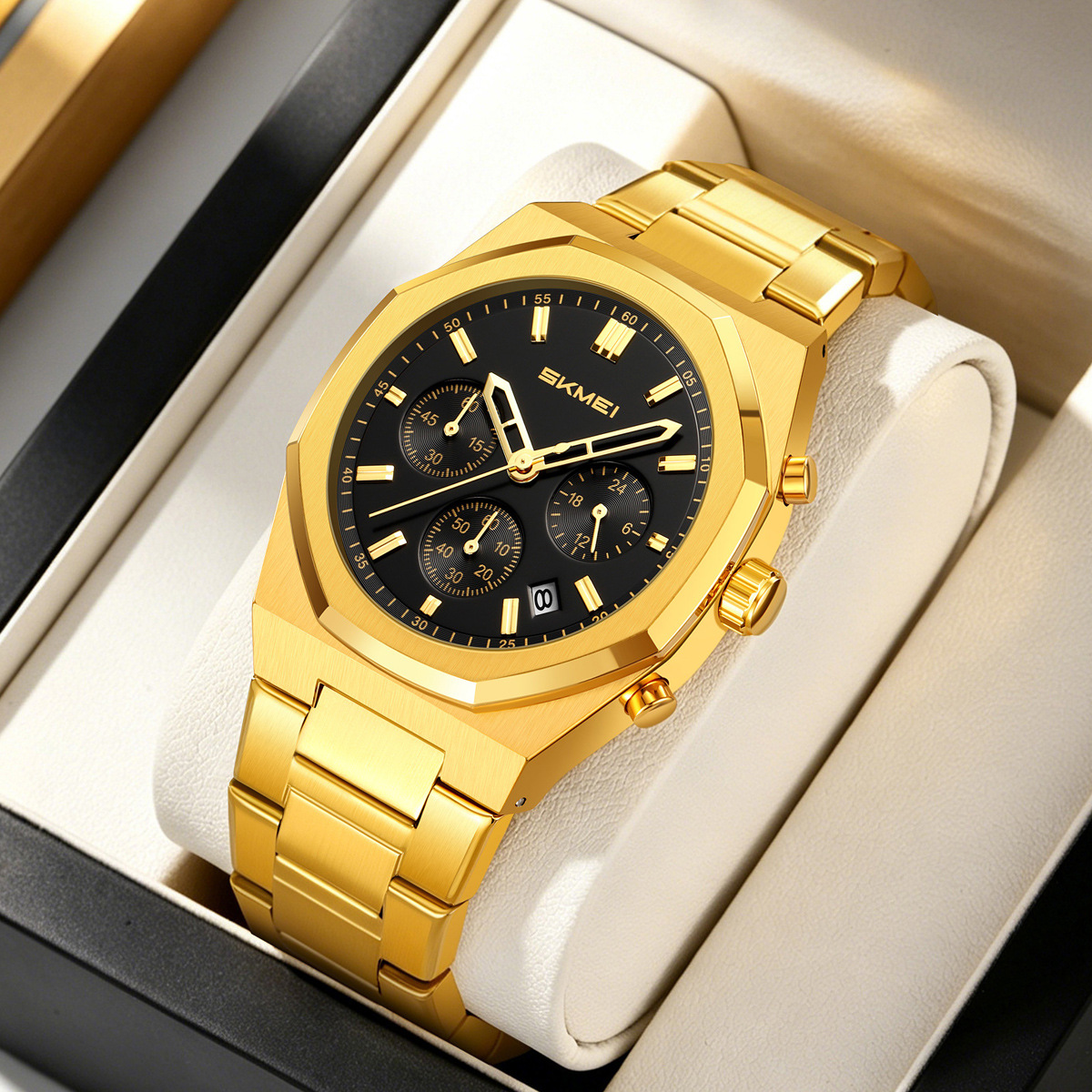 Momento de acero de octogón cronógrafo de cuarzo hombre impermeable relojes de negocios regalos personalizados mayoristas transfronterizos