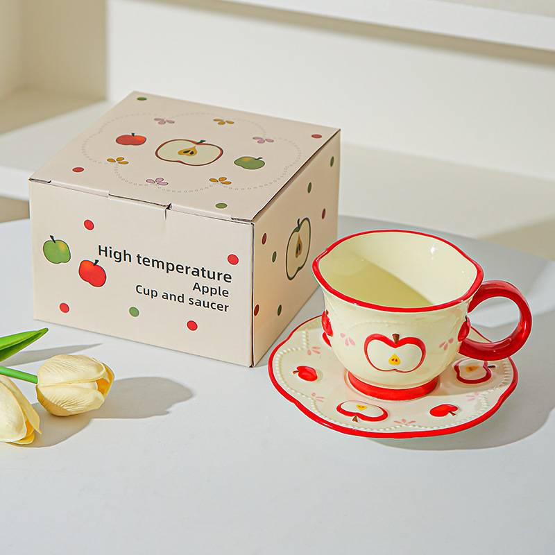 Tazas de café de cerámica de manzana, plato, taza de marca, diseño de relieve pintado a mano original, taza de agua, taza de leche de desayuno