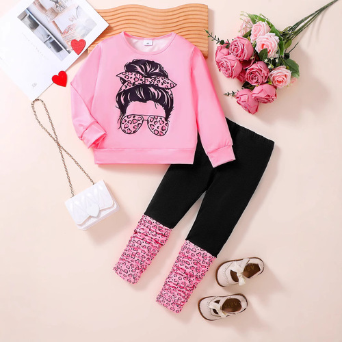 Children's Spring and Autumn Season Long-sleeve Pink Top and Pants 2-Piece Set