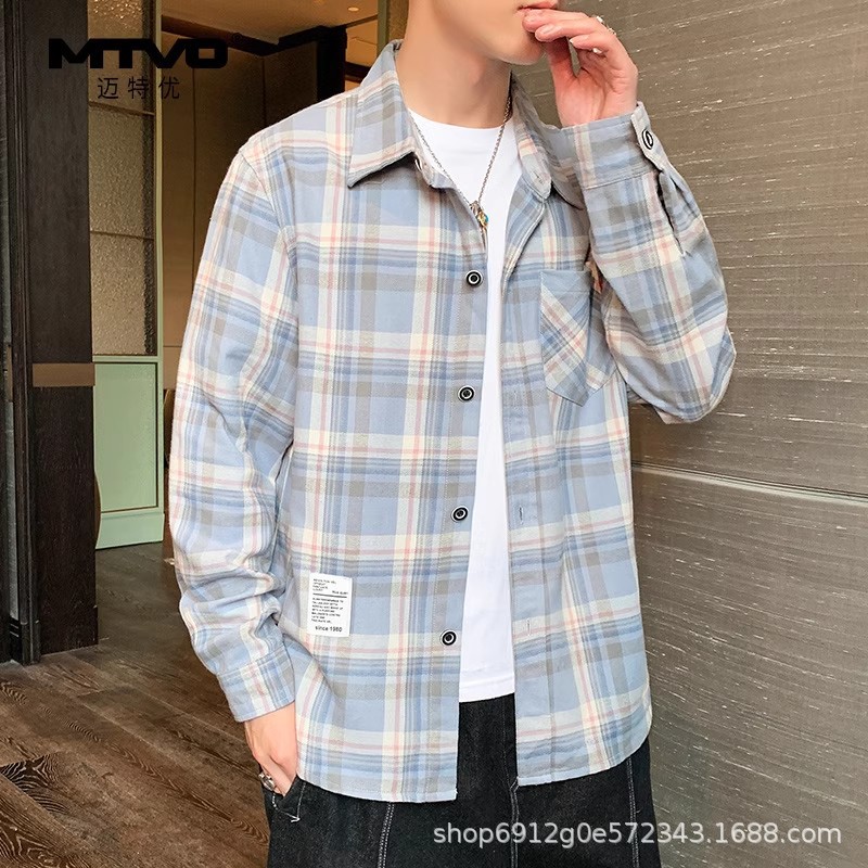 衬衫男长袖夏季潮牌设计感小众格子寸衫休闲男士春秋工装衬衣外套