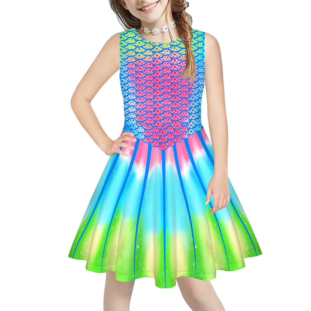 2021 New Mermaid Digital Print Girls Round Neck Sleeveless Summer Dress Fashion Trendy Princess Skirt