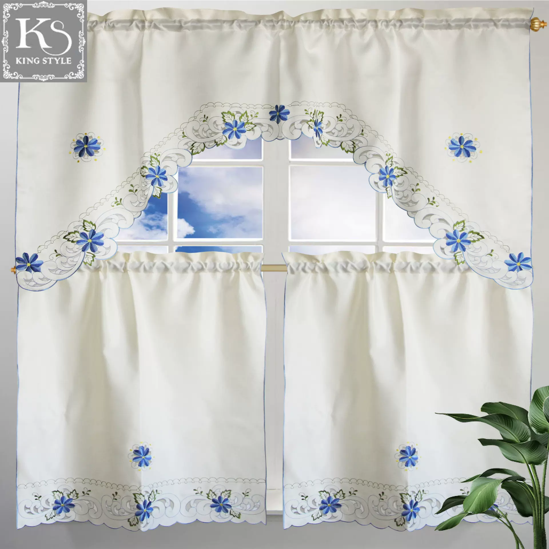 跨境批发简约欧式窗帘白底ins风小清新短帘半帘遮光免打孔门帘