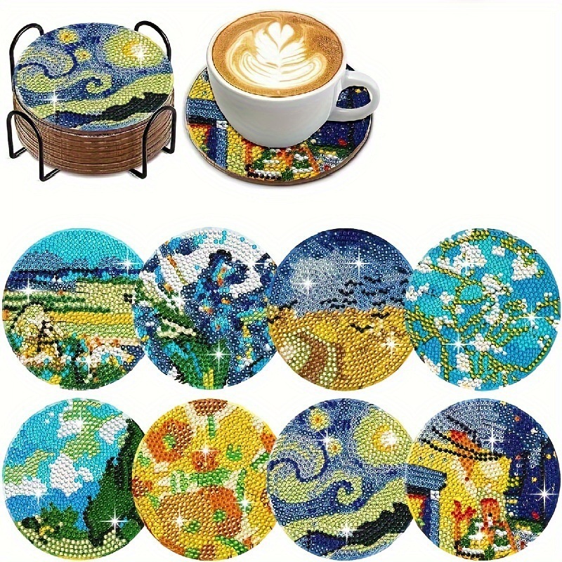 Ventas transfronterizas calientes de 8 piezas de conjunto de cojín de taza de arte de diamante, con soporte, pequeño conjunto de pintura de diamante, adecuado para adultos