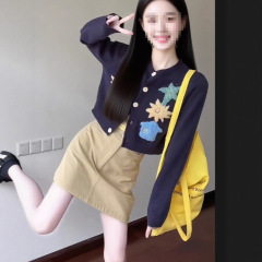 韩系慵懒藏青色提花长袖针织开衫上衣女2025早秋独特半身裙套装女