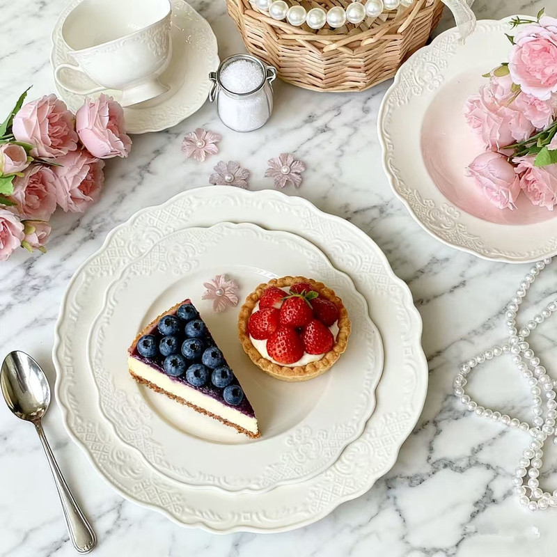 French Ins Embossed Ceramic Plate, Palace Style Dinner Plate, White Rose Flat Plate, Dessert Plate, Western Dinner Plate, High Appearance
