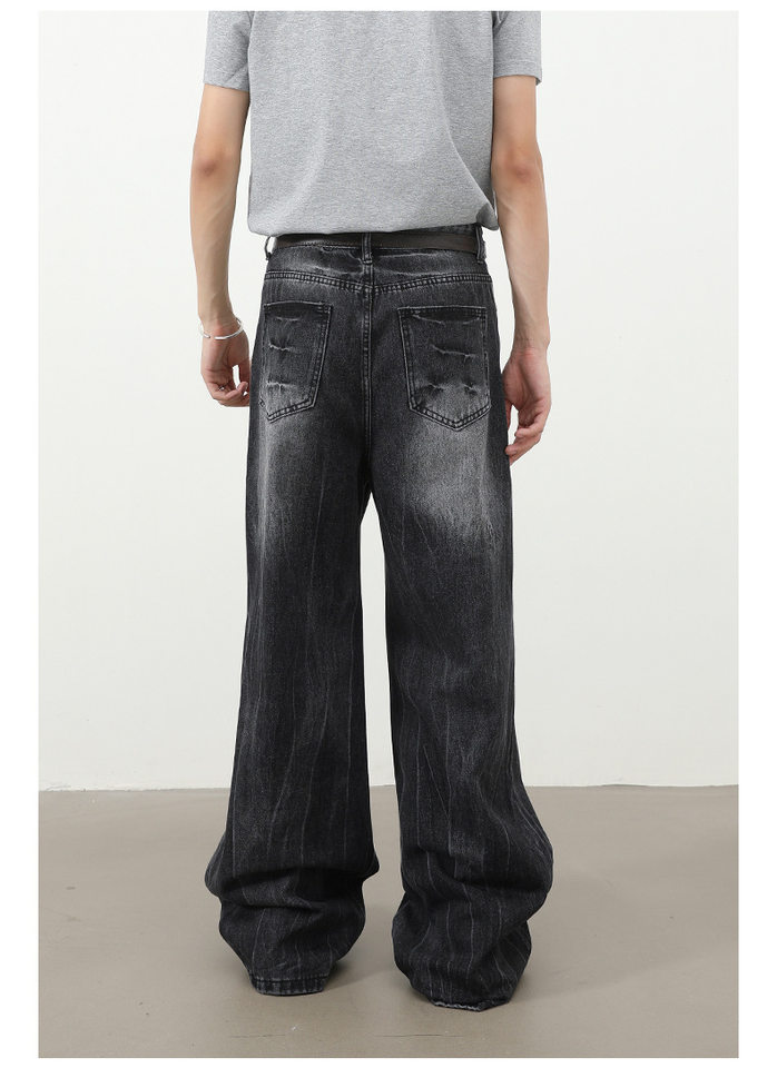 Quần jeans nam dáng rộng ống thẳng họa tiết sét chất liệu washed phong cách đường phố — màu xanh, màu xám đen chi tiết 7