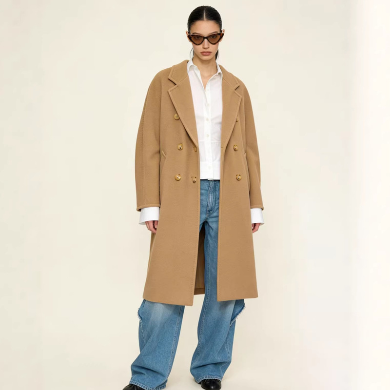 101801 Women's Coat Made of Goat Wool and Sheep Wool, m Brand, Double-Breasted Classic Cocoon-Shaped Loose-Fitting Long Autumn and Winter Coat