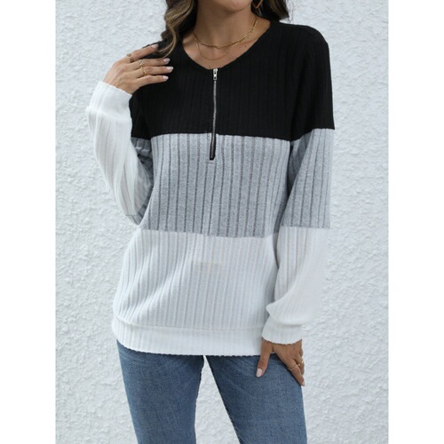 Women's Fashion Spring European and American Long Sleeve Zipper Contrast Color Top