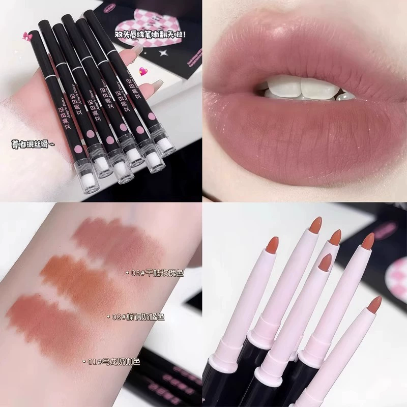 Double-sided Waterproof Lip Pencil 2-in-1 Nude Lipstick, Long-lasting Contour, 3 Shades