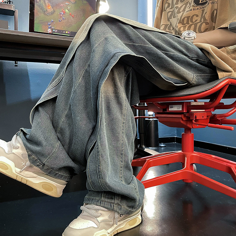 Vaqueros lavados retro, sentido del diseño de verano para hombres, pantalones vibe americanos de nicho, pantalones de papá rectos holgados de pierna ancha