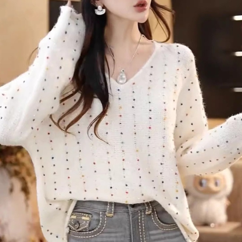 韩系温柔风甜美V领亮片彩点针织衫女秋冬新款宽松显瘦毛衣打底衫|undefined