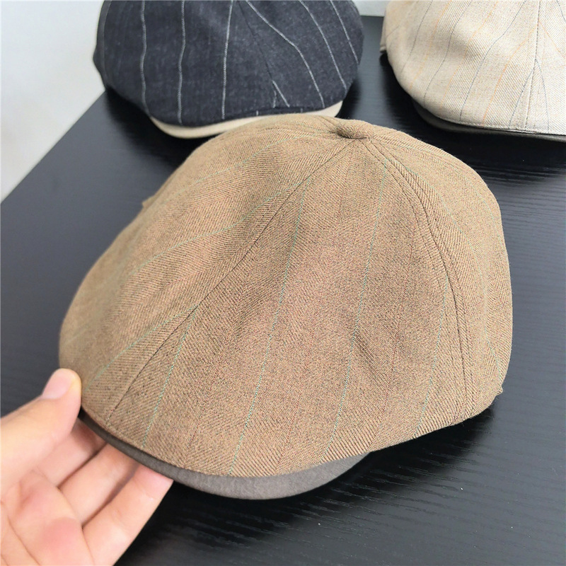 条纹贝雷帽早秋新款棉麻混纺前进帽日韩简约文艺百搭画家报童帽子|undefined