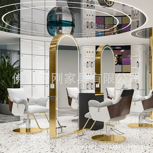 New Metal Hairdresser Mirror Table Hair Salon Mirror Barber Shop Floor Hair Cutting Cyber Celebrity Double-sided Light Light Luxury Hot Dyeing
