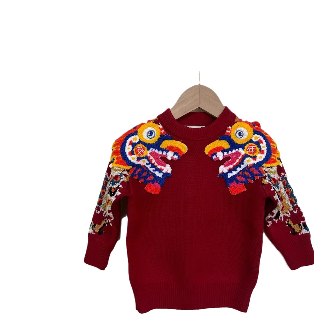 In stock boys and girls New New Year New Year festive embroidered red sweater cute woolen sweater