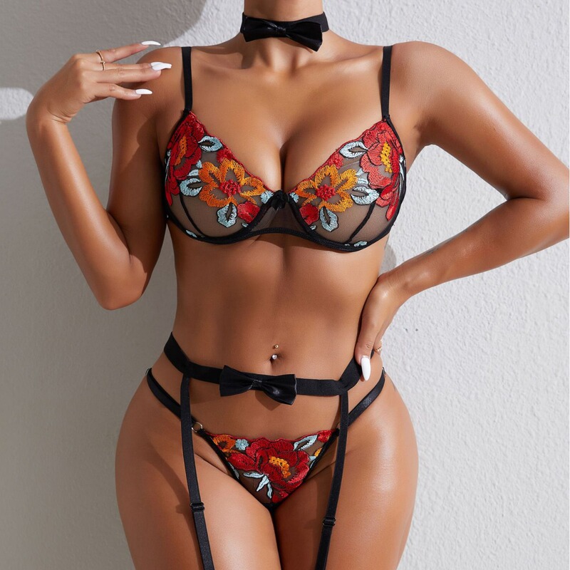 Cross-Border New Fashion Embroidered Floral Colorful Camisole Push-Up Bra Set