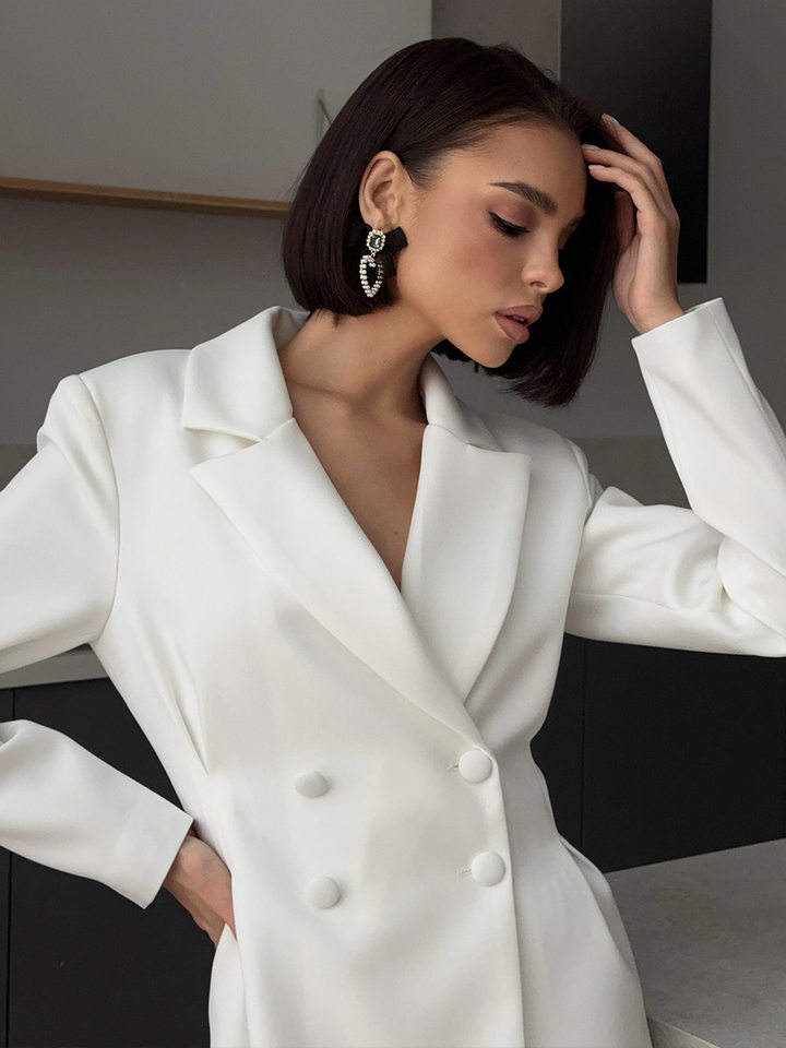 Đầm blazer nữ dáng chữ A cổ chữ V dài tay thắt eo cạp cao — Màu trắng, Màu đen chi tiết 32