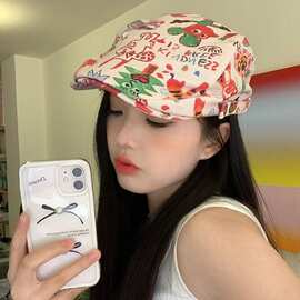 日系小众设计师款个性涂鸦印花贝雷帽女春夏反戴前进帽短檐鸭嘴帽