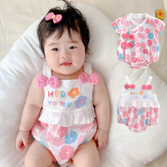 嬰兒吊帶包屁衣女寶寶三角哈衣小公主爬服新生兒童連體衣薄款夏季