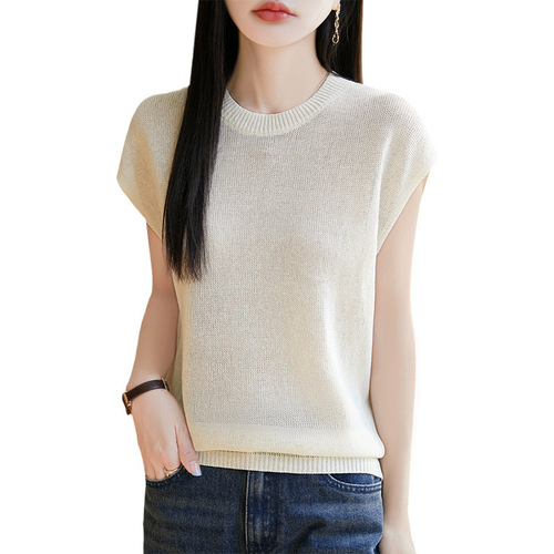 Women's Solid Color Thin Ice Silk Crew Neck Knit Backless Top for Spring and Summer