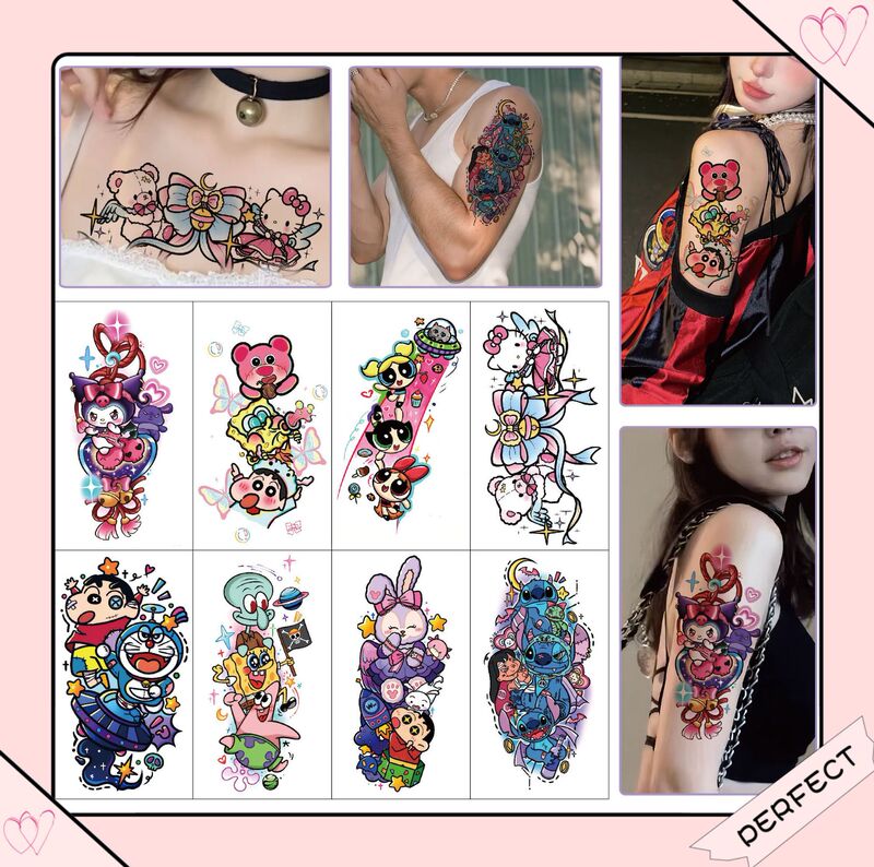 Summer oldschool Cute Cartoon Anime Flower Arm Tattoo Sticker Waterproof Long-lasting Realistic Color Tattoo Arm