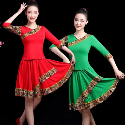 Spring and summer square dance clothing new suit Tibetan dance long-sleeved culottes Latin dance middle-aged and elderly performance clothing