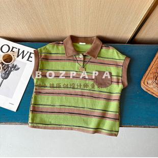 2025 New Summer Style Boys' Korean Casual Short-Sleeved Kidsren's Baby Fashion Versatile Brown and Green Stripesd Polo Shirt