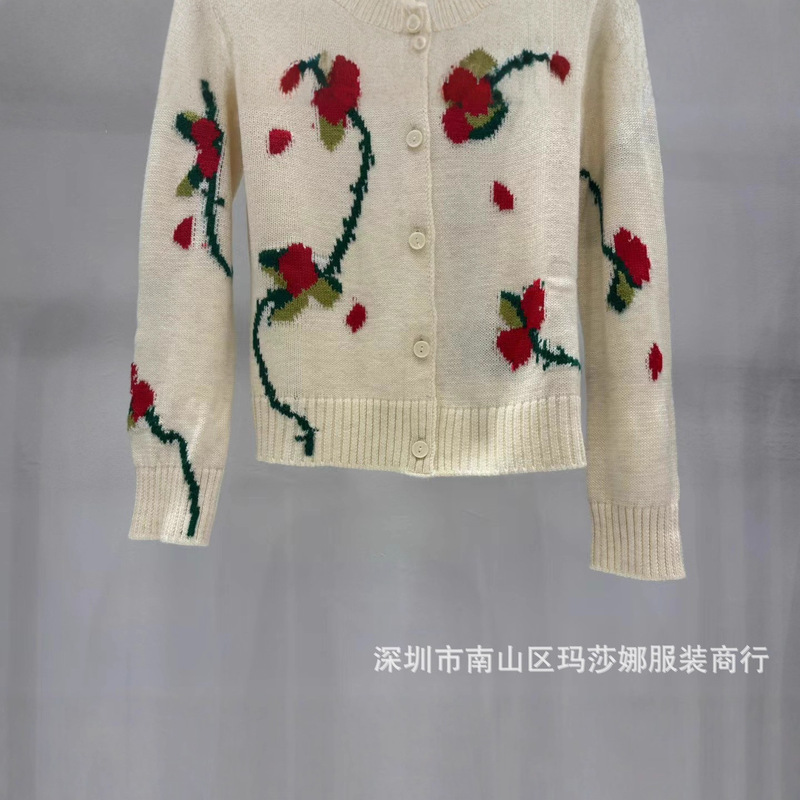 樱桃刺绣提花开衫毛衣女欧美法式2025新款可爱风绑带针织衫外套|undefined
