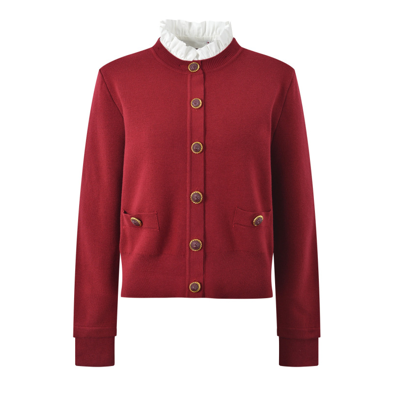 French-Style Elegant Ladylike Chanel-Inspired Light Luxury Cardigan with Lion Head Button, Color-Blocking, Lace Collar, and Knitted Design French-Style Elegant Ladylike Chanel-Inspired Light Luxury Cardigan with Lion Head Button, Color-Blocking, Lace Collar, and Knitted Design
