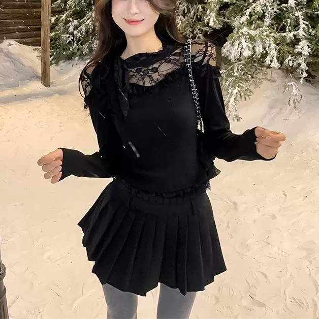 Spring lace long-sleeve, knitted sweater, Korean style