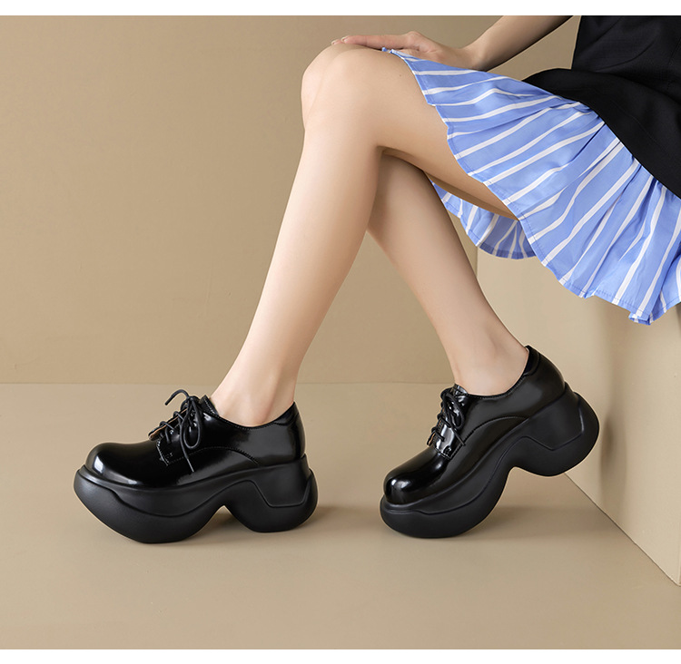 Giày loafer nữ đế xuồng platform cao 8 cm, dây buộc, da thật mùa thu 2025 — màu đen, màu trắng ngà chi tiết 7