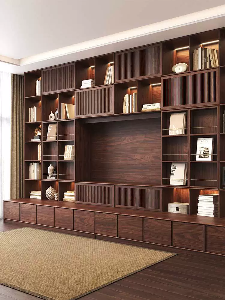 Настенный книжный шкаф из цельного дерева, фон для телевизора, настенный шкаф, общий комбинированный винный шкаф из черного ореха, вишневого дерева, книжная полка