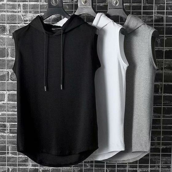 Hooded Vest Men's Fashion Brand Summer Sports Basketball Running Sleeveless T-Shirt Slim-Fit Drawstring Slim Sleeve Vest Men's Thin